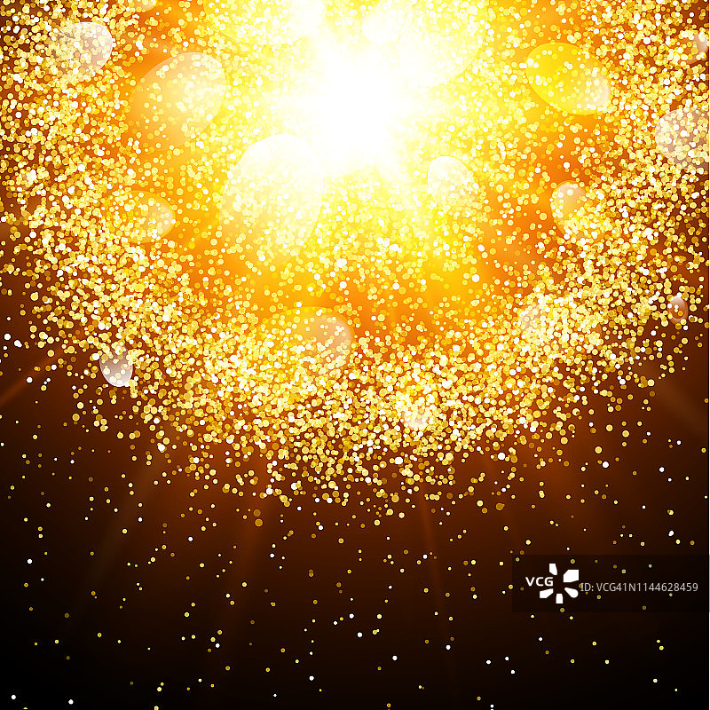 抽象的黄金爆炸与黄金闪耀的元素。炽热的恒星爆发。粉尘烟花灯光效果。闪光扑粉背景。矢量插图。图片素材