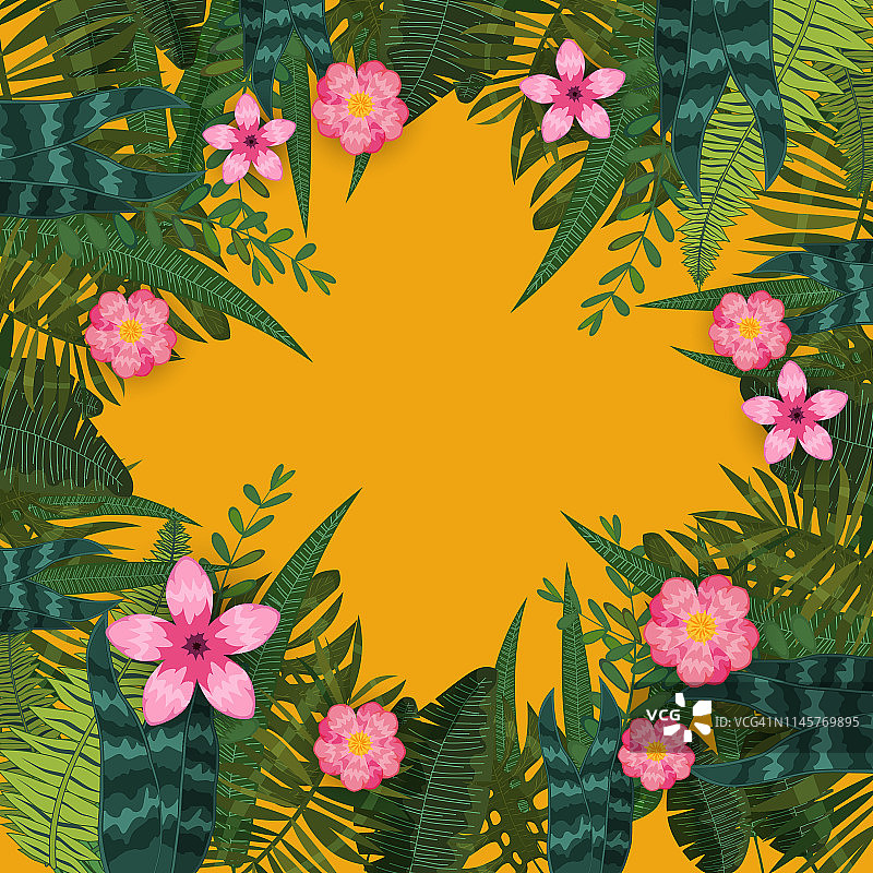 夏日时尚的热带叶和花。设计。背景模板的外来植物和芙蓉花。趋势模式丛林。矢量，插图，孤立，海报，横幅，传单，邀请图片素材