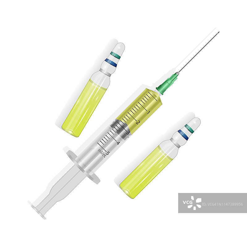 现实的药瓶注射。用于接种疫苗的医用玻璃瓶和注射器，俯视图，白色背景上孤立的插图。图片素材