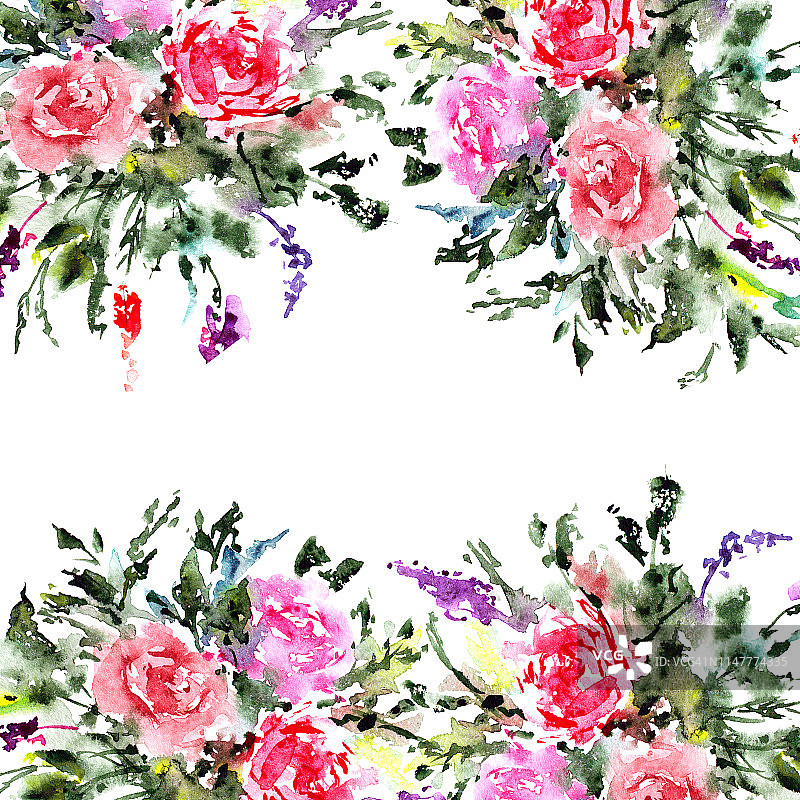 花的框架。Watecolor花。婚礼邀请花设计。精美的鲜花贺卡。花的生日贺卡。花的背景。图片素材