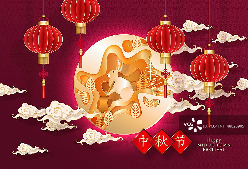 中国中秋矢量设计。天灯，月兔，云图片素材