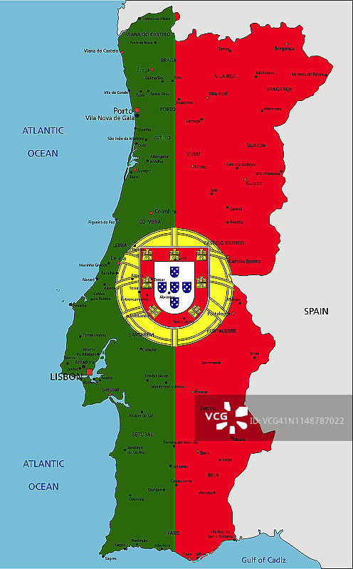 葡萄牙高度详细的政治地图与国旗。图片素材