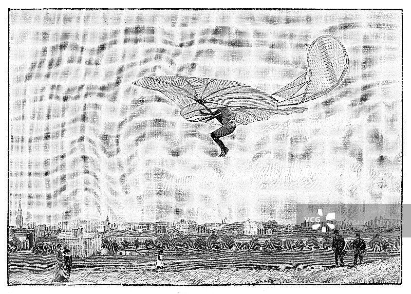 工程师奥托·利连塔尔驾驶1892年的德国机器飞行图片素材