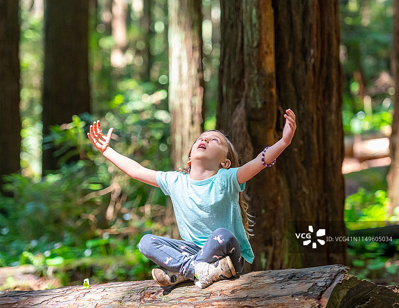 小女孩在树林里祈祷图片素材