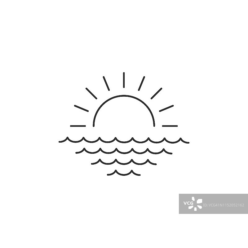 日出或日落在海上线性最小单平图标。海波线矢量图标。矢量插图孤立在白色背景图片素材