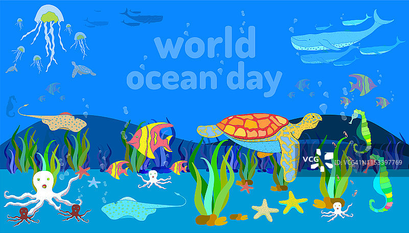 水下海洋动物。世界海洋日。手绘涂鸦丰富多彩的设计风格。矢量插图eps10图片素材
