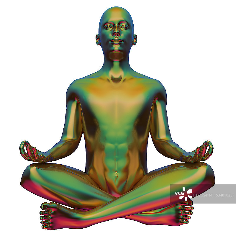 瑜伽人莲花姿势风格化的人物绿色黄色彩色金属雕像图片素材