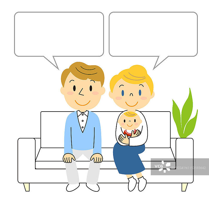 一对夫妇和一个婴儿坐在沙发上的插图图片素材
