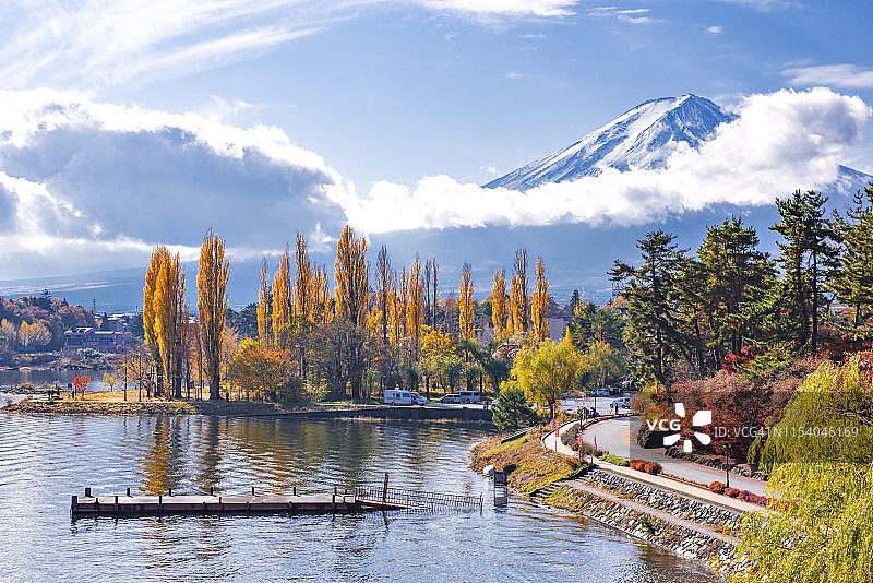日本秋日的川口湖滨公园，富士山和五颜六色的枫树图片素材