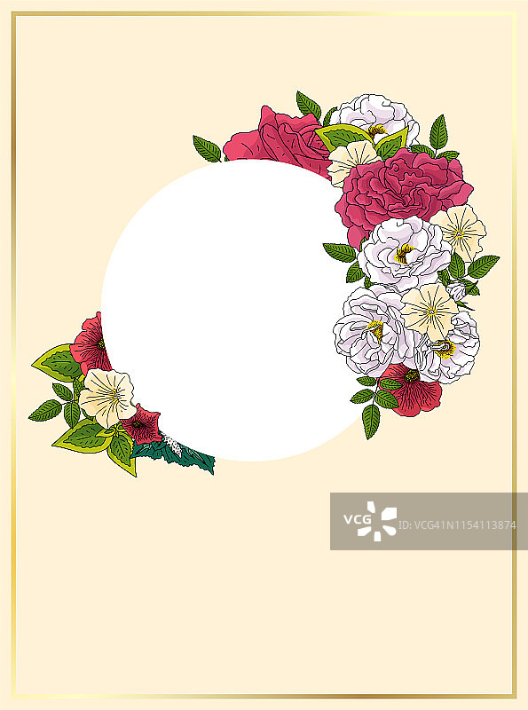 婚礼花请柬，保存日期设计与粉红色，红色的鲜花-玫瑰和绿叶花环和框架。植物装饰载体模板图片素材