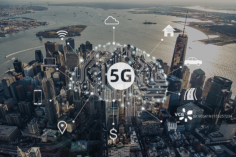 曼哈顿市中心鸟瞰图和5G概念，纽约市图片素材