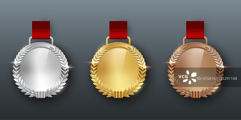 奖励金，银和铜牌与丝带三维现实矢量彩色插图在灰色背景图片素材