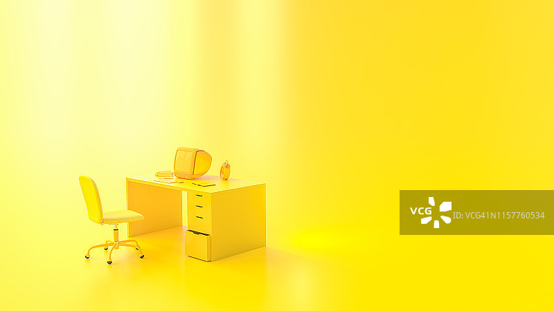 黄色笔记本电脑模型放在办公桌上，黄色背景。图片素材