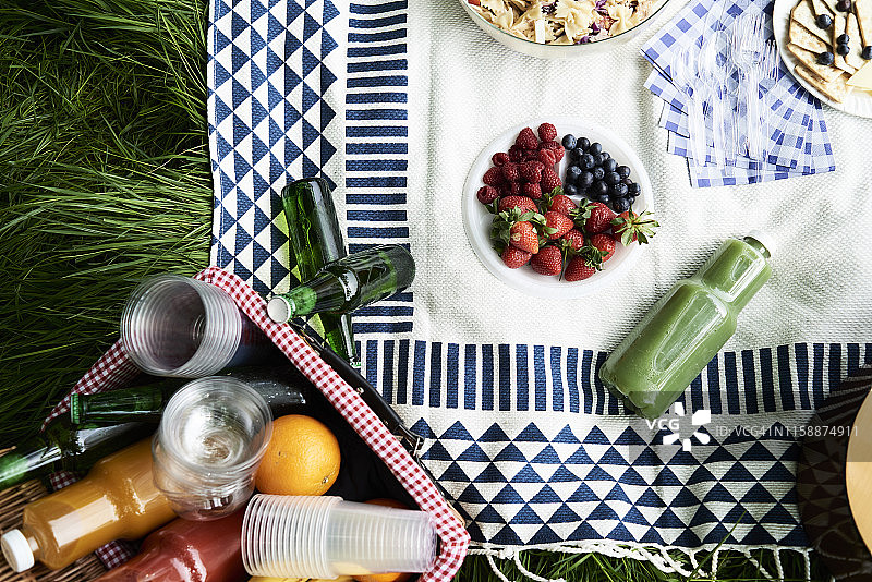 俯视图上的健康野餐小吃在毯子上图片素材
