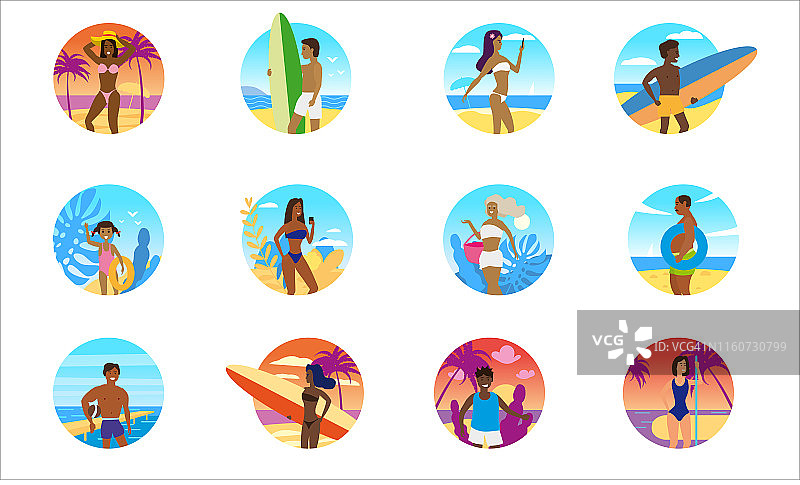 设置夏季人们海滩图标装饰。度假旅行度假海滩户外活动海洋，冲浪，棕榈树，植物，日光浴。矢量平面卡通孤立的插图图片素材