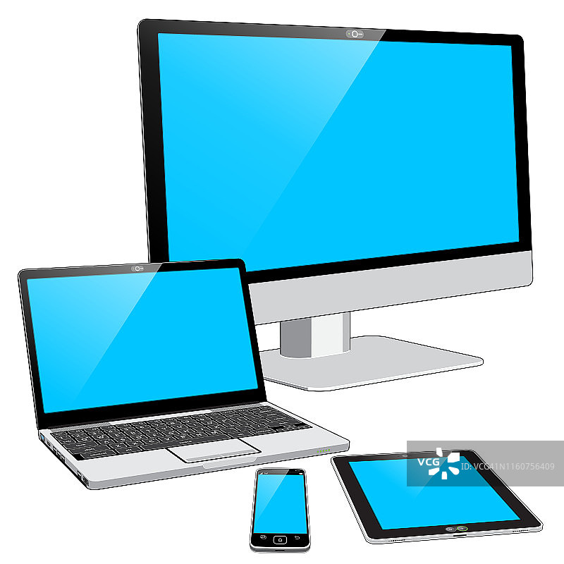 平板电脑智能手机笔记本电脑和显示器-空白蓝色图片素材