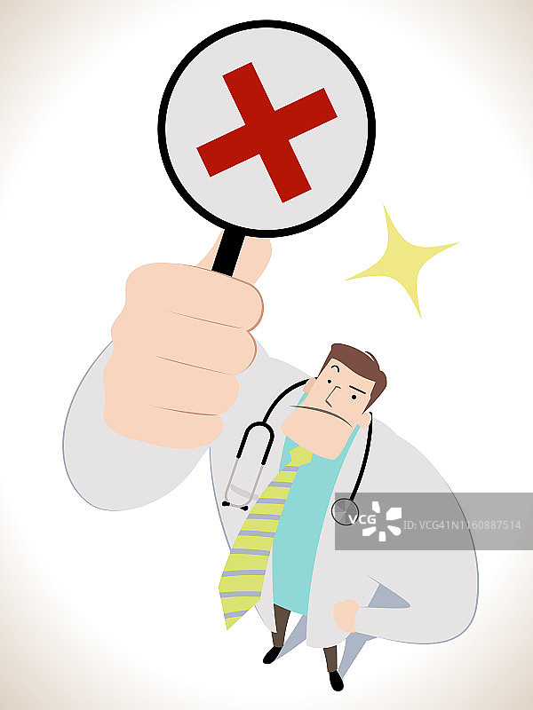 强壮的医生抬起头，拿着错误答案的标志(字母X，十字形)图片素材