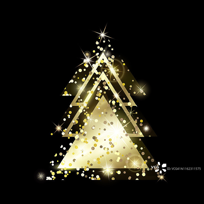 一棵几何圣诞树。金色的闪光。图片素材