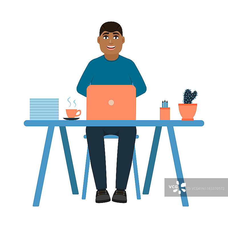 非裔美国人坐在工作场所，快乐的人在办公室工作，商人在笔记本电脑工作，卡通风格的角色，自由职业者矢量插图孤立在白色的背景图片素材