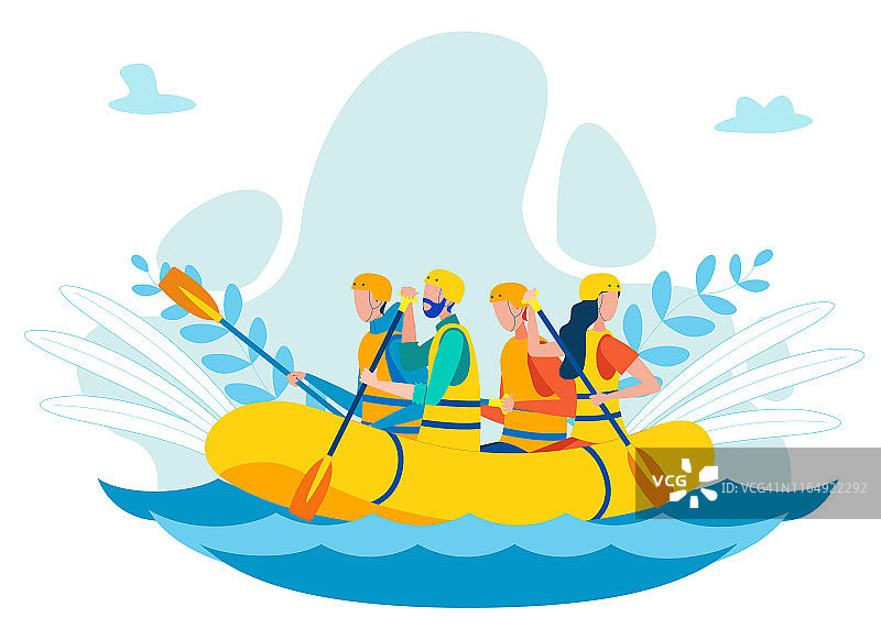 团队划桨在充气船平面插图图片素材