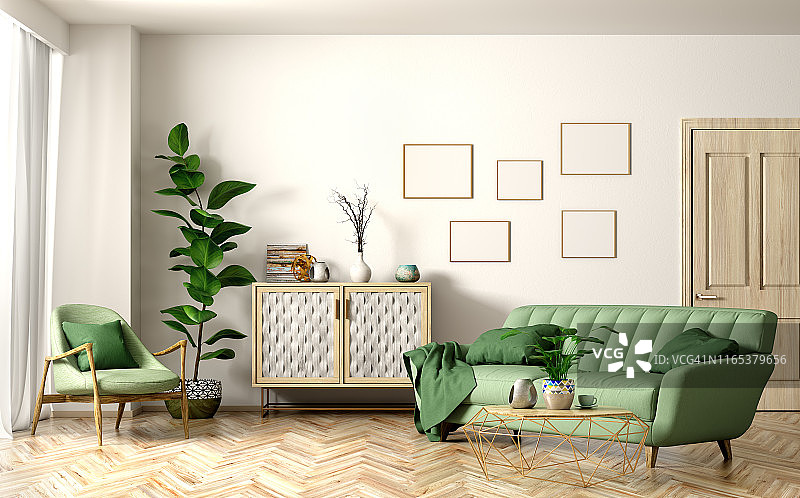现代客厅室内绿色沙发3d效果图图片素材