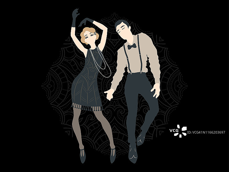 复古派对卡，男人和女人穿着20世纪20年代风格的舞蹈，摩登女孩英俊的男人在复古西装，二十岁，矢量插图图片素材