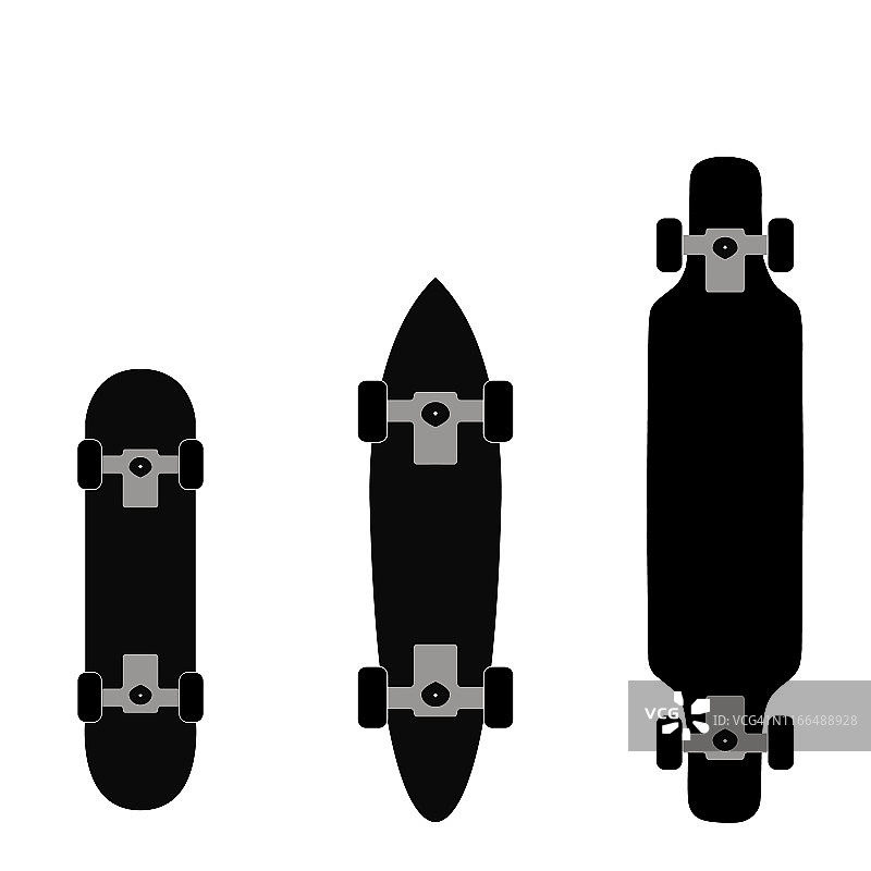 矢量平面黑色和彩色滑板和长板的图标集合，为背景，标志。在白色背景上隔离图片素材