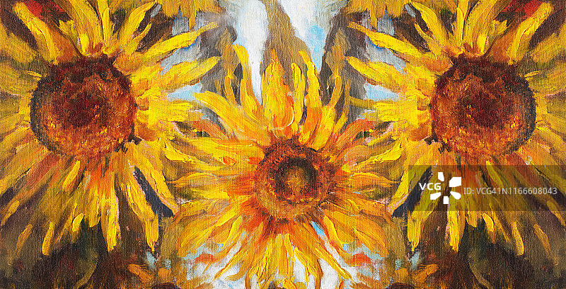 时尚的夏季插图寓言现代艺术作品我的油画原版在画布上横静物印象主义三朵盛开的大黄色向日葵图片素材