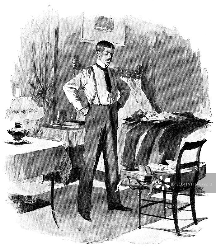 19世纪，在英国伦敦的一家旅馆里，一名男子正在打开他的手提箱图片素材