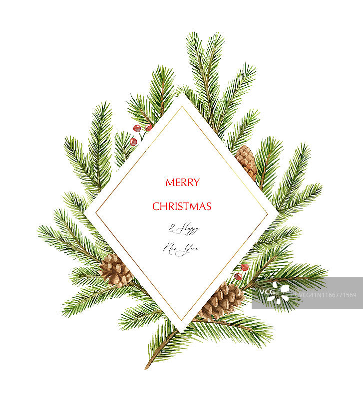 水彩矢量圣诞框架与冷杉树枝和文字的地方。图片素材