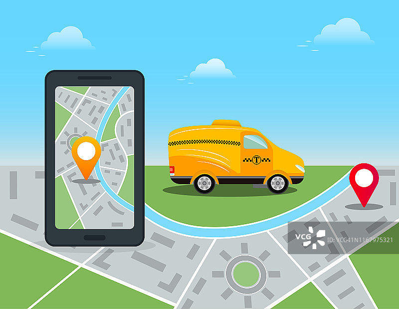 在线手机app订车服务。智能手机与城市地图和定位针的触摸屏。黄色出租车和GPS路线点。平面向量插图图片素材