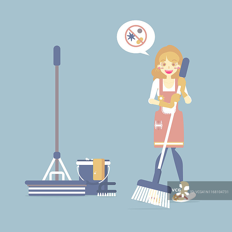 女管家，女人拿着扫帚拖把，水桶，家务，清洁概念图片素材