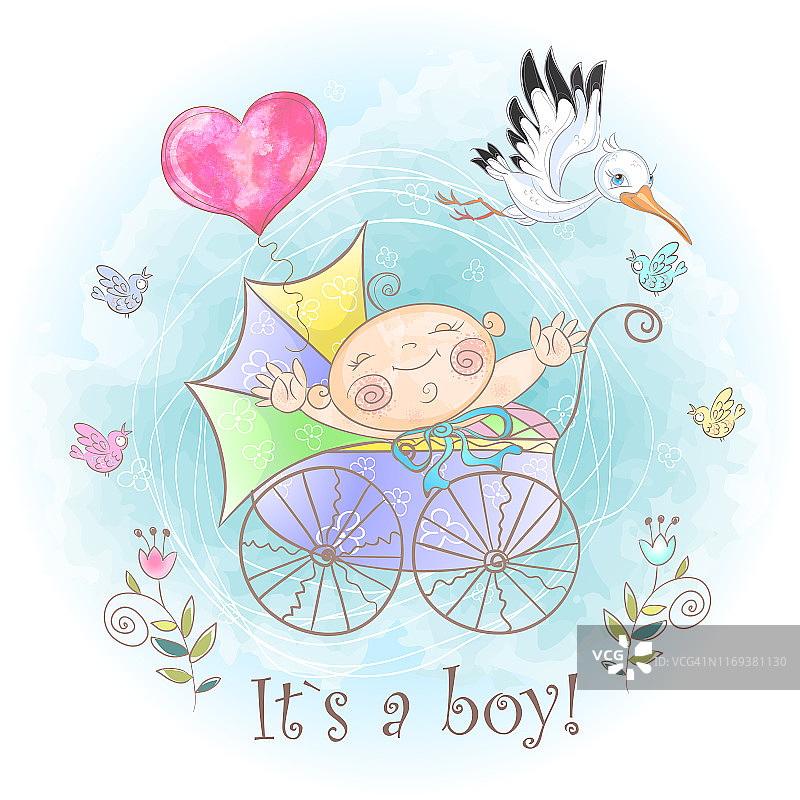 婴儿车里的小男孩。我出生了。婴儿洗澡。向量。水彩图片素材