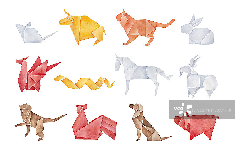 折叠折纸包十二生肖传统中国生肖。红色，黄色，棕色，橙色，浅灰色。手绘水彩图形绘图，剪纸剪辑艺术元素的创意设计。图片素材