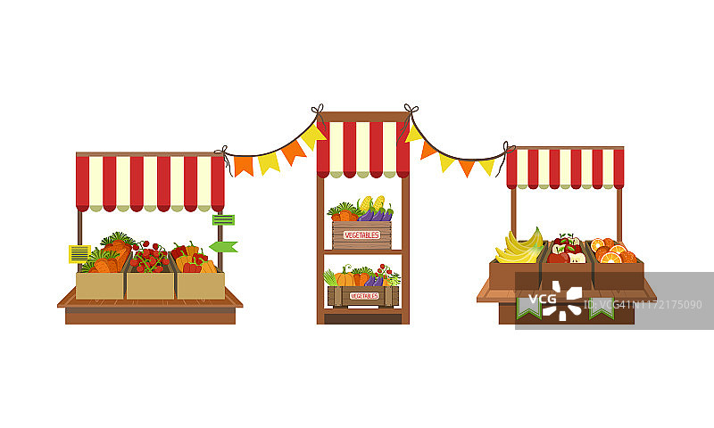 市场摊位与新鲜的农场蔬菜和水果在板条箱设置矢量插图图片素材