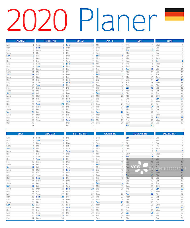2020年日历规划师。德国版图片素材