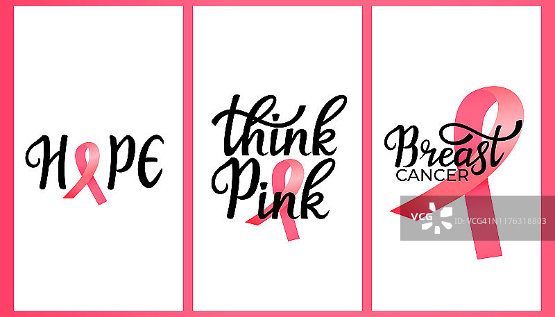 全国乳腺癌宣传月。想想粉红色的带丝带的手写字母。一套垂直横幅社交媒体，为故事图片素材