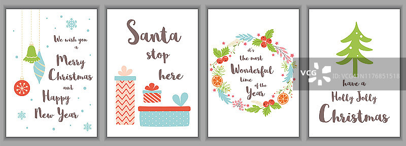 圣诞快乐贺卡设置可爱的邀请模板圣诞树礼物花环装饰图片素材