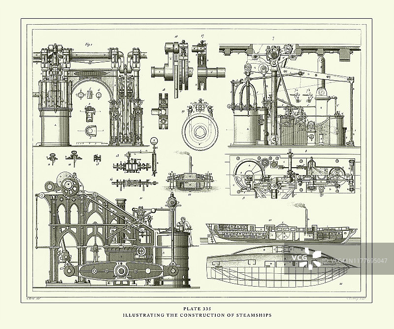 雕刻古董，说明蒸汽船的构造雕刻古董插图，出版于1851年图片素材
