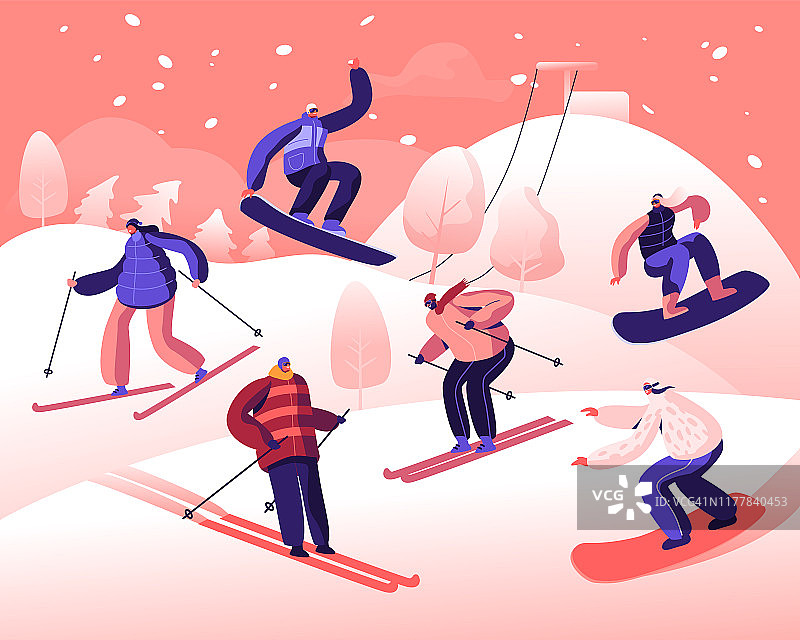 快乐的人骑滑雪板和雪坡滑雪板。冬季季节假期。女运动员在滑雪胜地玩下坡。旅游娱乐活动。卡通平面矢量插图图片素材
