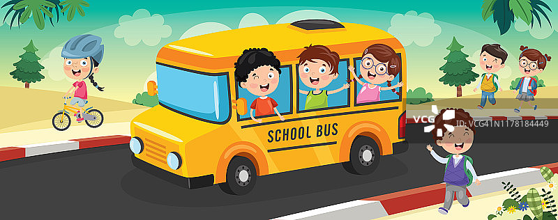 孩子们乘公共汽车上学图片素材