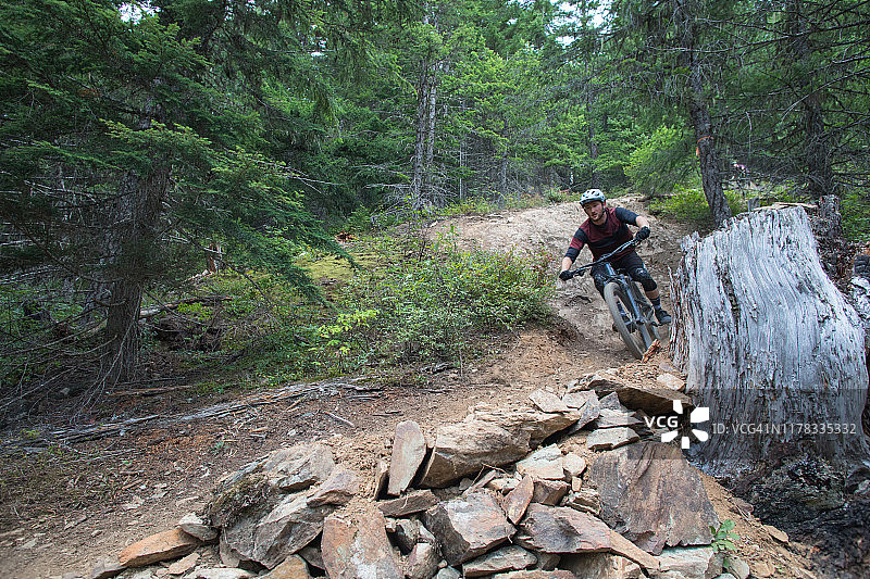 一名男子骑着自行车沿着森林小径前行图片素材
