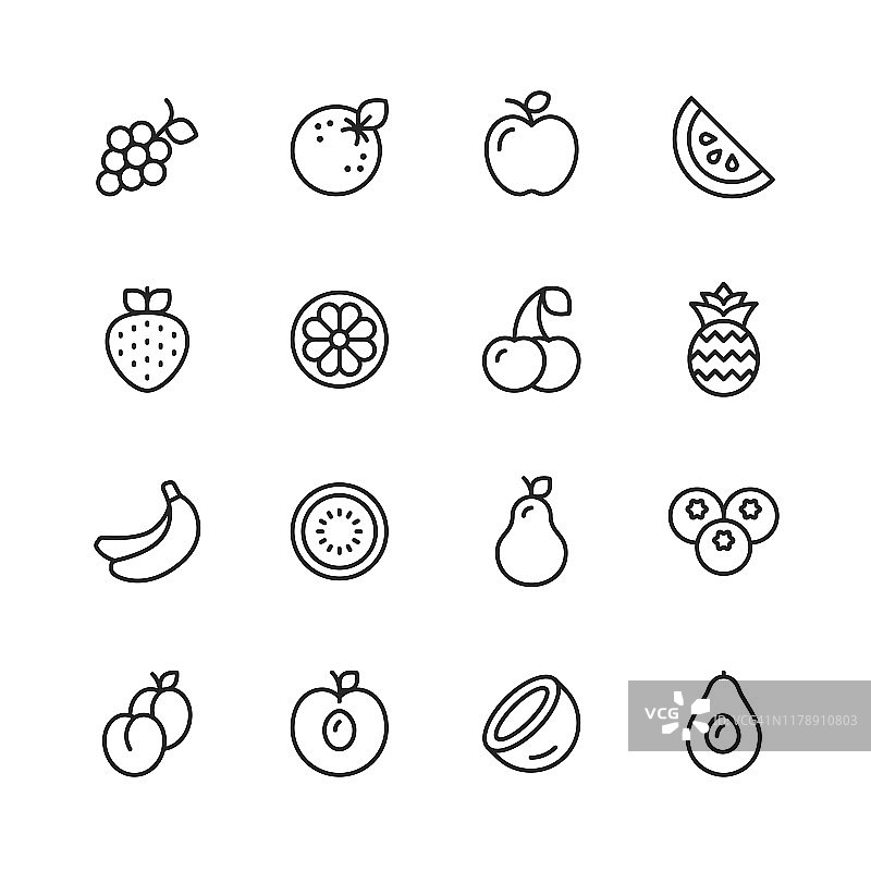 水果行图标。可编辑的中风。像素完美。移动和网络。包含西瓜，橙子，香蕉，梨，菠萝，葡萄，苹果等图标。图片素材