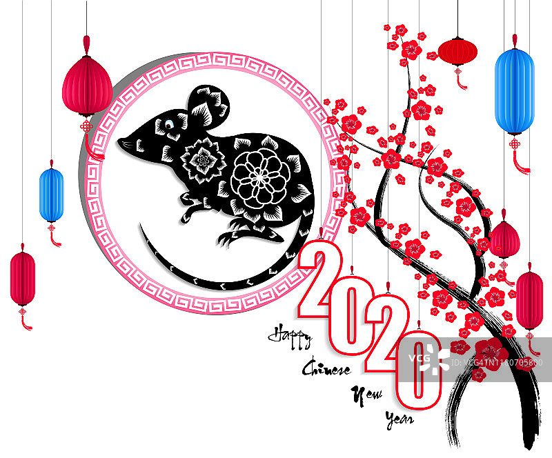 中国新年2020鼠年。花和亚洲元素。十二生肖概念海报，横幅，日历图片素材