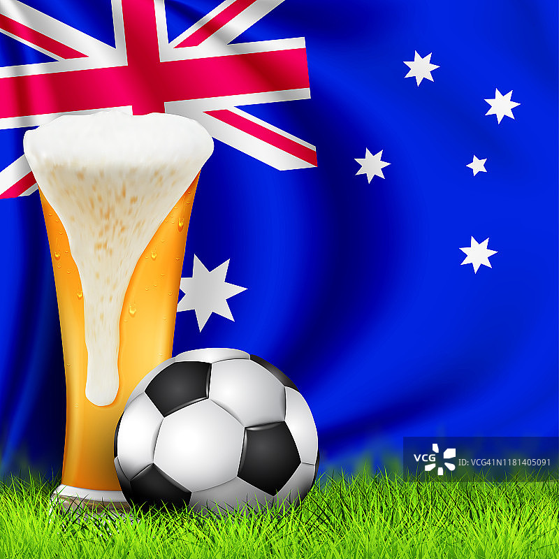 逼真的3d足球和啤酒杯在草地上与澳大利亚国旗飘扬。为足球锦标赛设计一个时尚的背景。海报，横幅足球模板。足球的概念图片素材