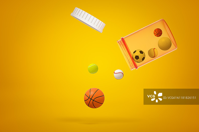 在黄色的背景上，运动球从塑料瓶上落下的3d渲染图片素材