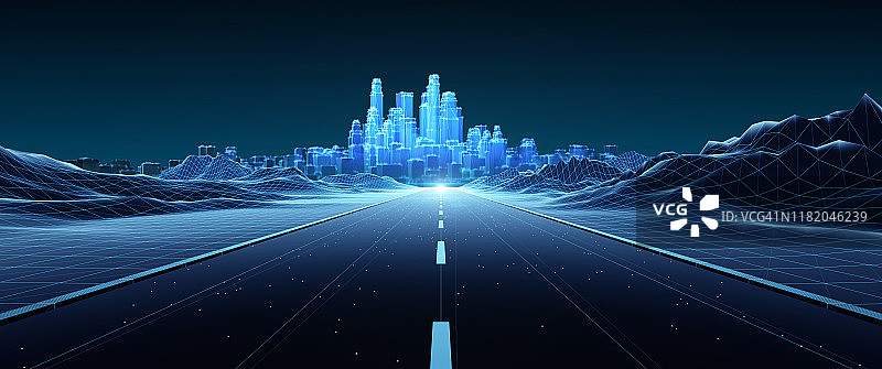 三维渲染的蓝色虚拟城市和道路图片素材