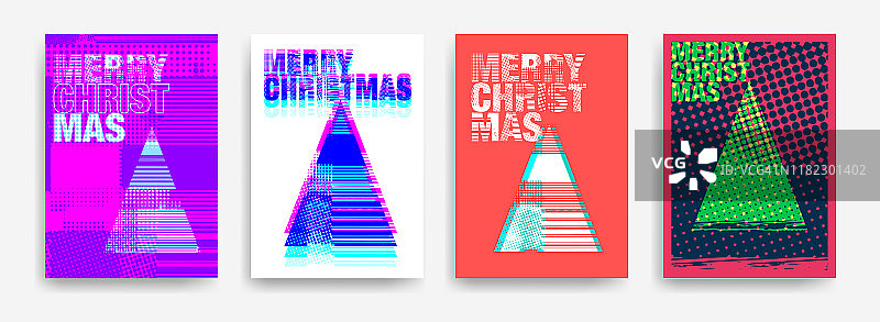 一套带有文字的卡片圣诞快乐。色彩鲜艳的圣诞树设计，美观别致。图片素材