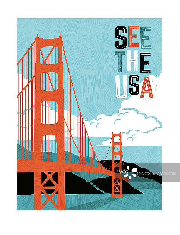 复古风格的美国旅游海报设计。简化的金门大桥风景图像。图片素材