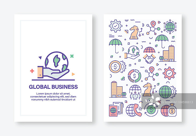 矢量插图与全球业务相关的宣传册，传单，封面书，年度报告封面布局设计模板的图标图片素材